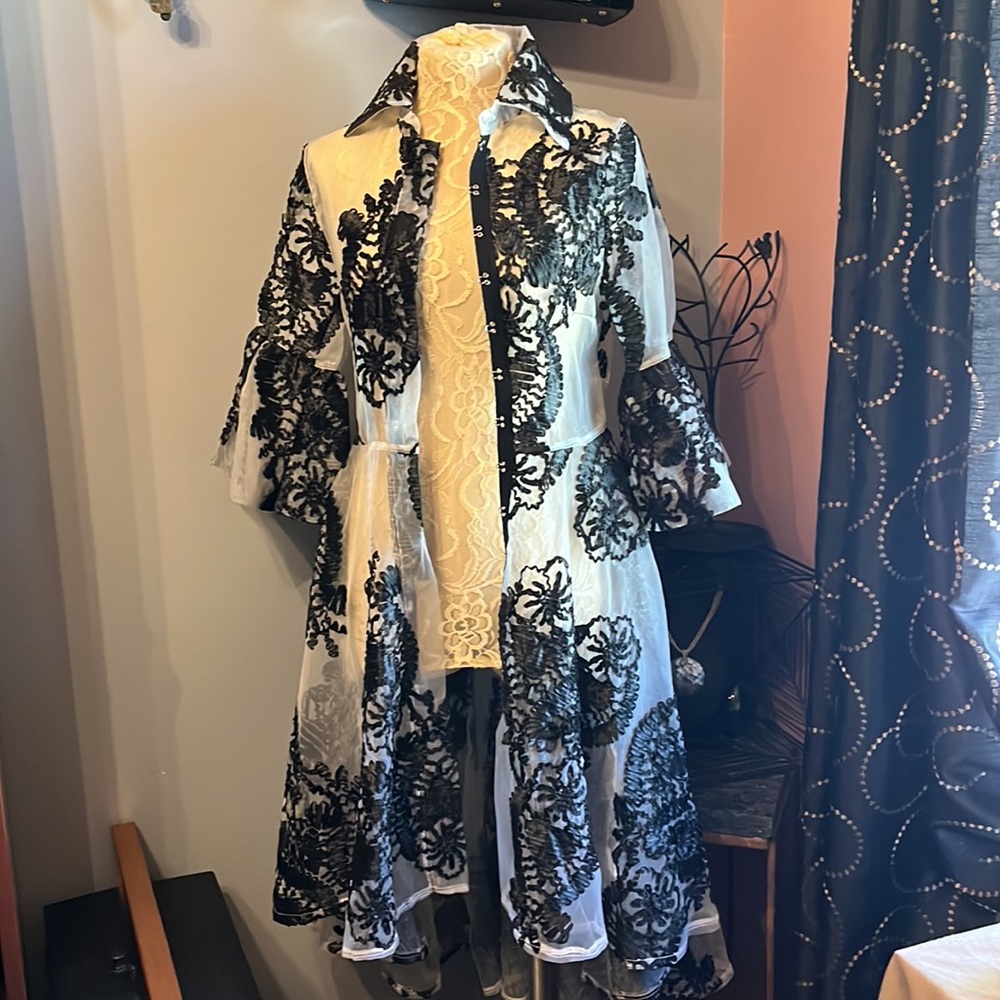 Gorgeous!!! EIN Barney’s Sheer white long jacket with black ribbon embroidery